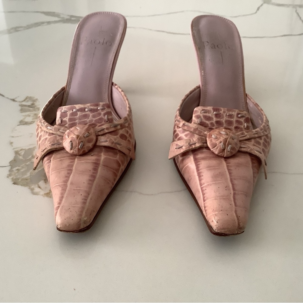Paolo Blush Crocodile-Embossed Mules